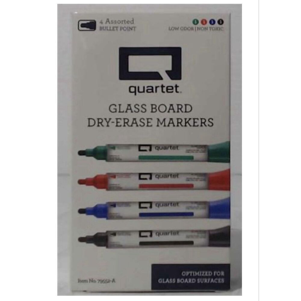 Quartet Glass Board Dry-Erase Markers, Bullet Tip. 4 Colors Black/Blue/Red/Green